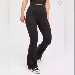 OFFLINE By Aerie The Hugger High-Waisted Foldover Flare Legging in Black Size M